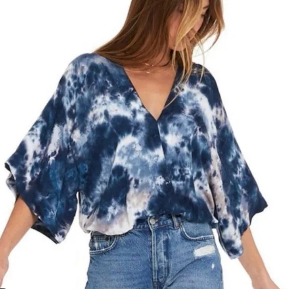Yong Fabulous Broke Boho Tie-Dye V-Neck Women’s Top - Navy Blue Beachy Sz M
